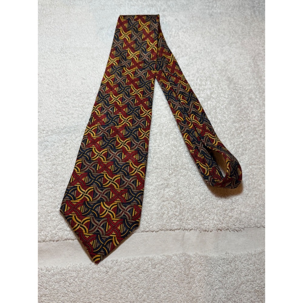 J. Garcia Silk Tie Stonehenge Ltd Red Blue Yellow Geometric Hand Sewn USA 4"